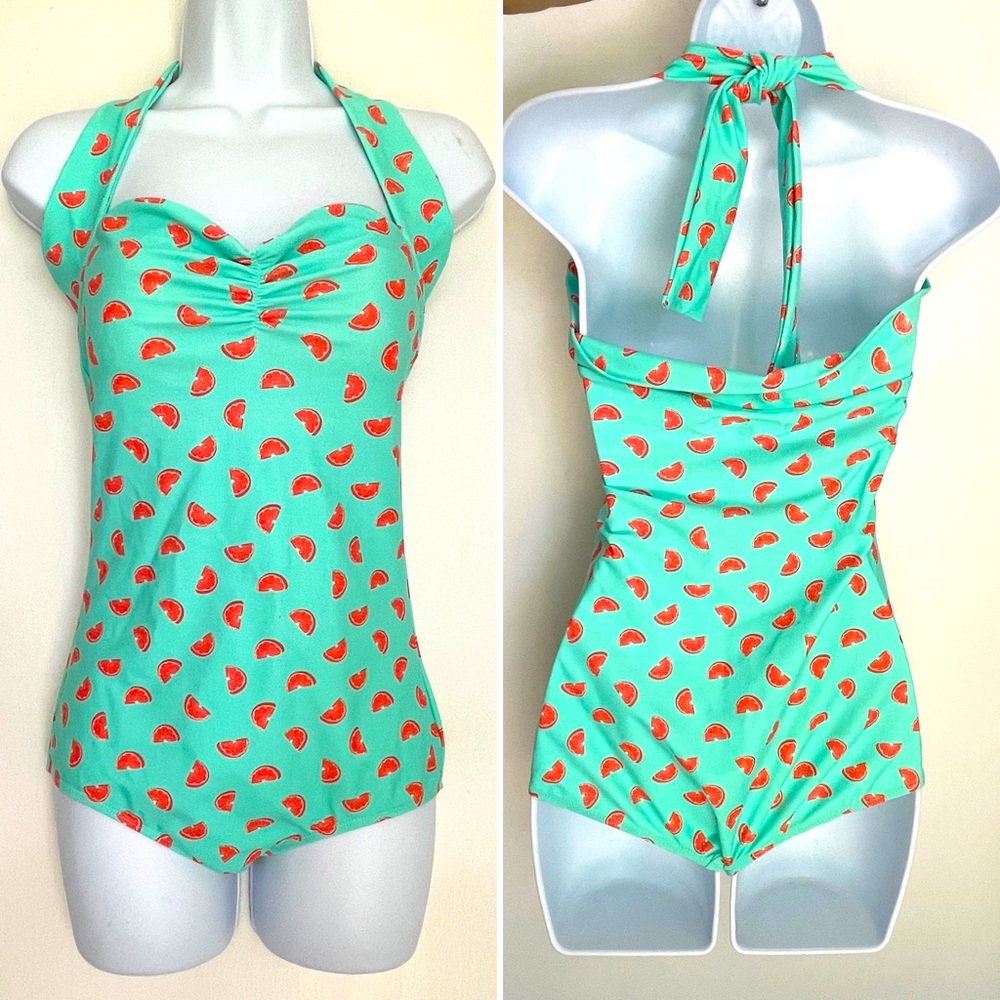 Women’s Halter One-Piece Swimsuit in Mint with Watermelon Print